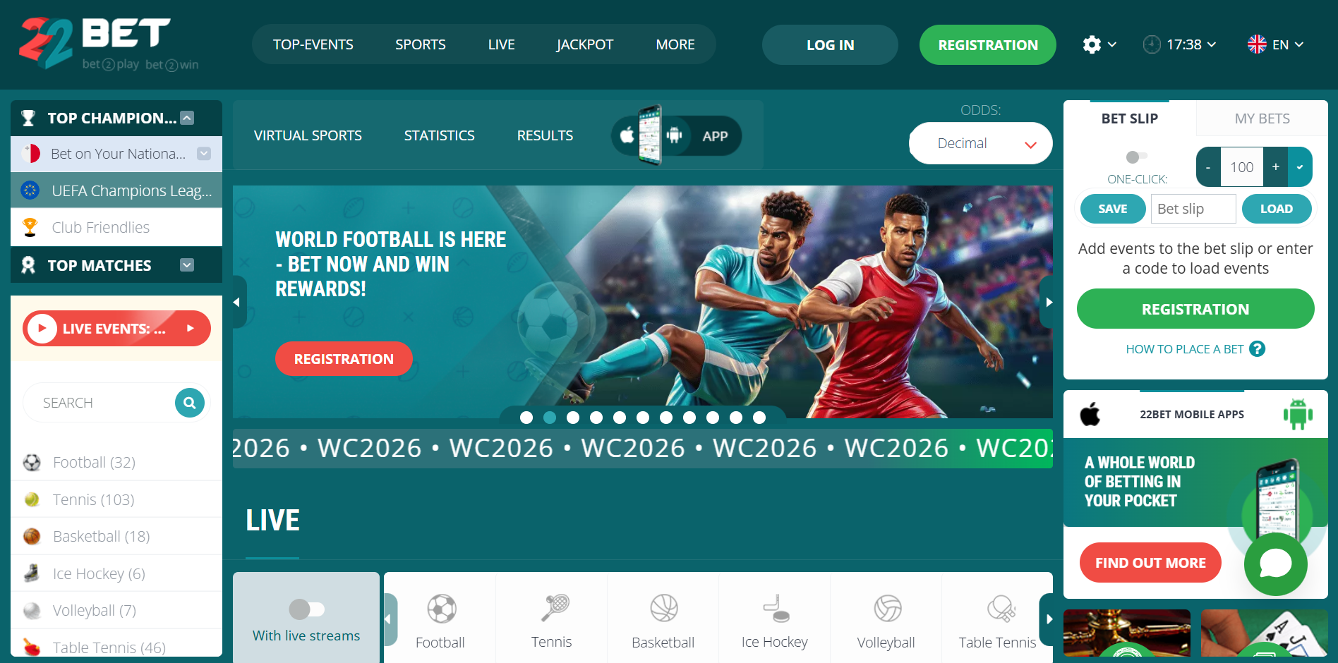 22 Bet - homepage screenshot on desktop